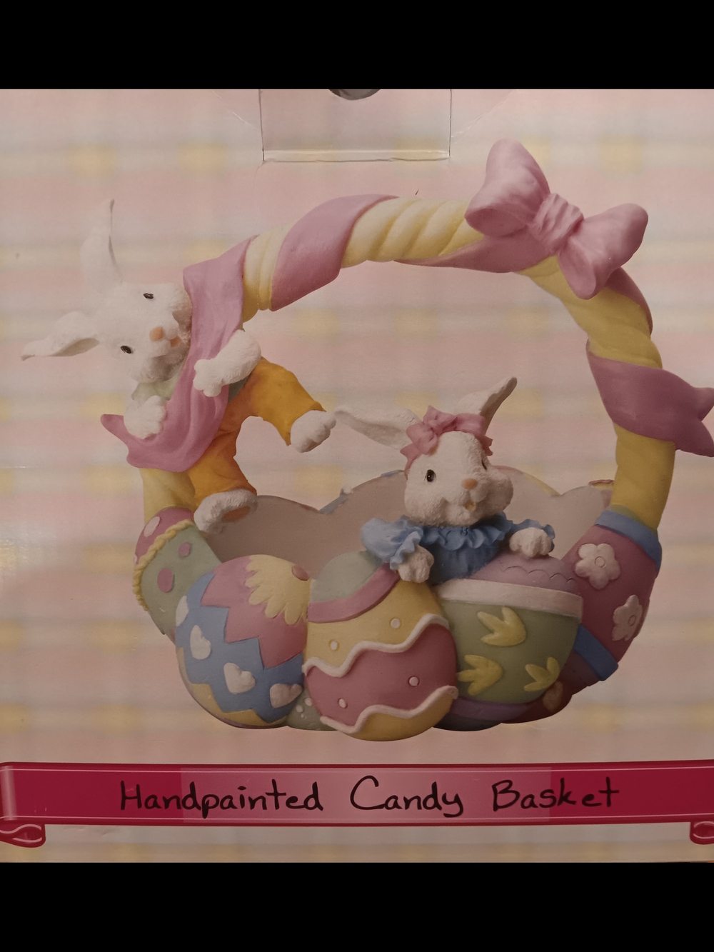 Handpainted Bunny Easter Basket Figurine in Pastel Pink, Yellow, Blue